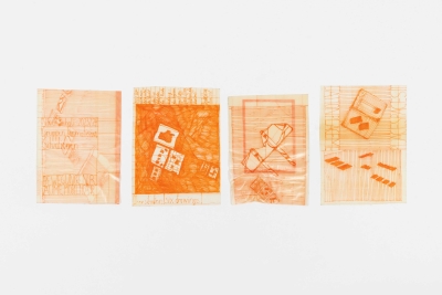 - compendium (welt) Fragment 2, pvc, permanent-pen, each around 22x10cm, double-sided, ongoing, 2025-26