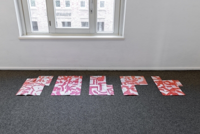 -  writing exercises (maps/Schreibübungen), felt-tip pen on paper, each 42x68cm , folded, with cuts, double-sided, 2023-24