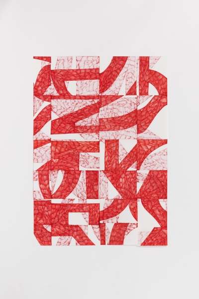 -  writing exercises (maps/Schreibübungen), felt-tip pen on paper, each 42x68cm , folded, with cuts, double-sided, 2023-24