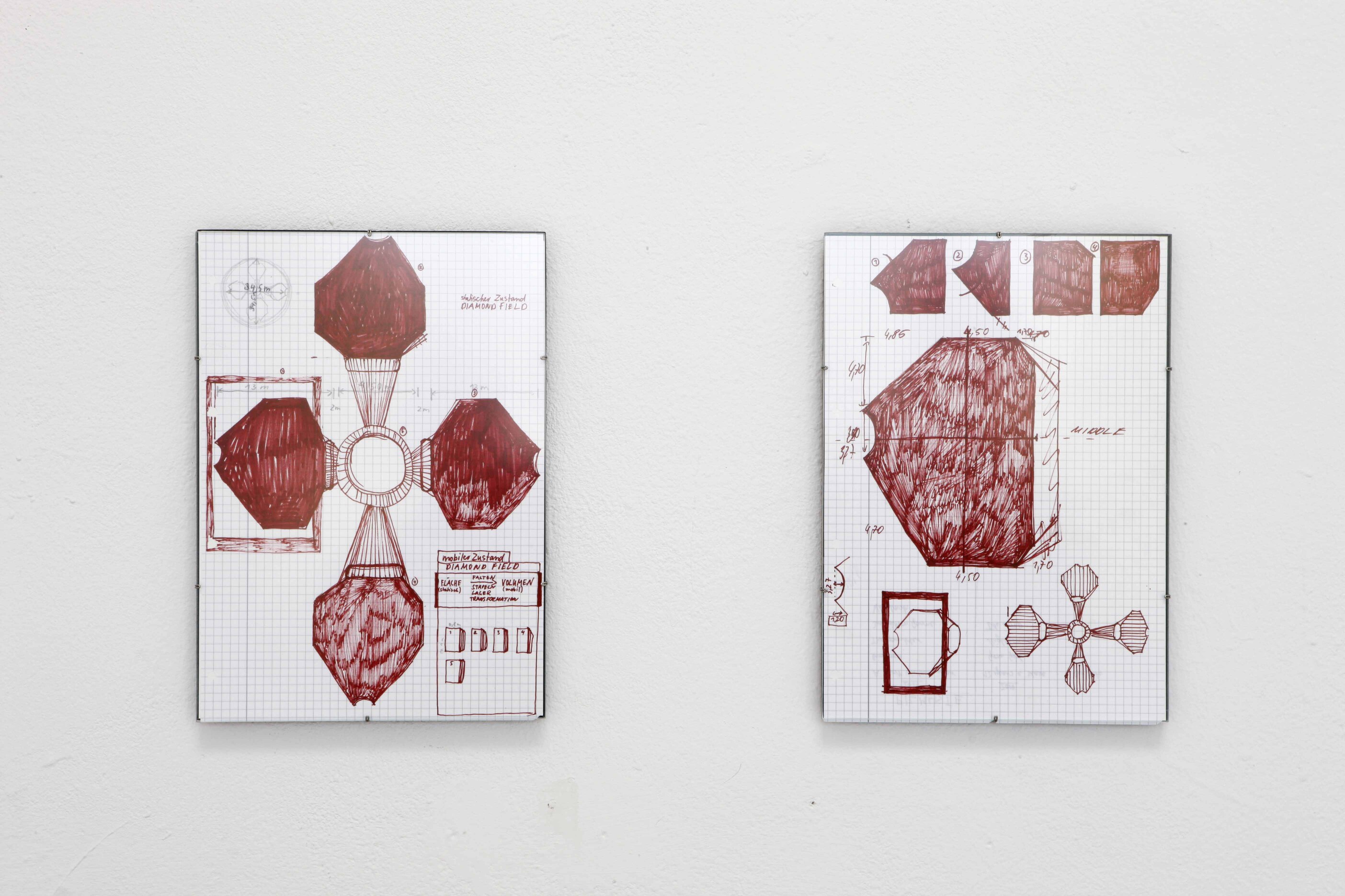 field drawings, concepts of the field and position sketches, each 21x29,7cm, framed