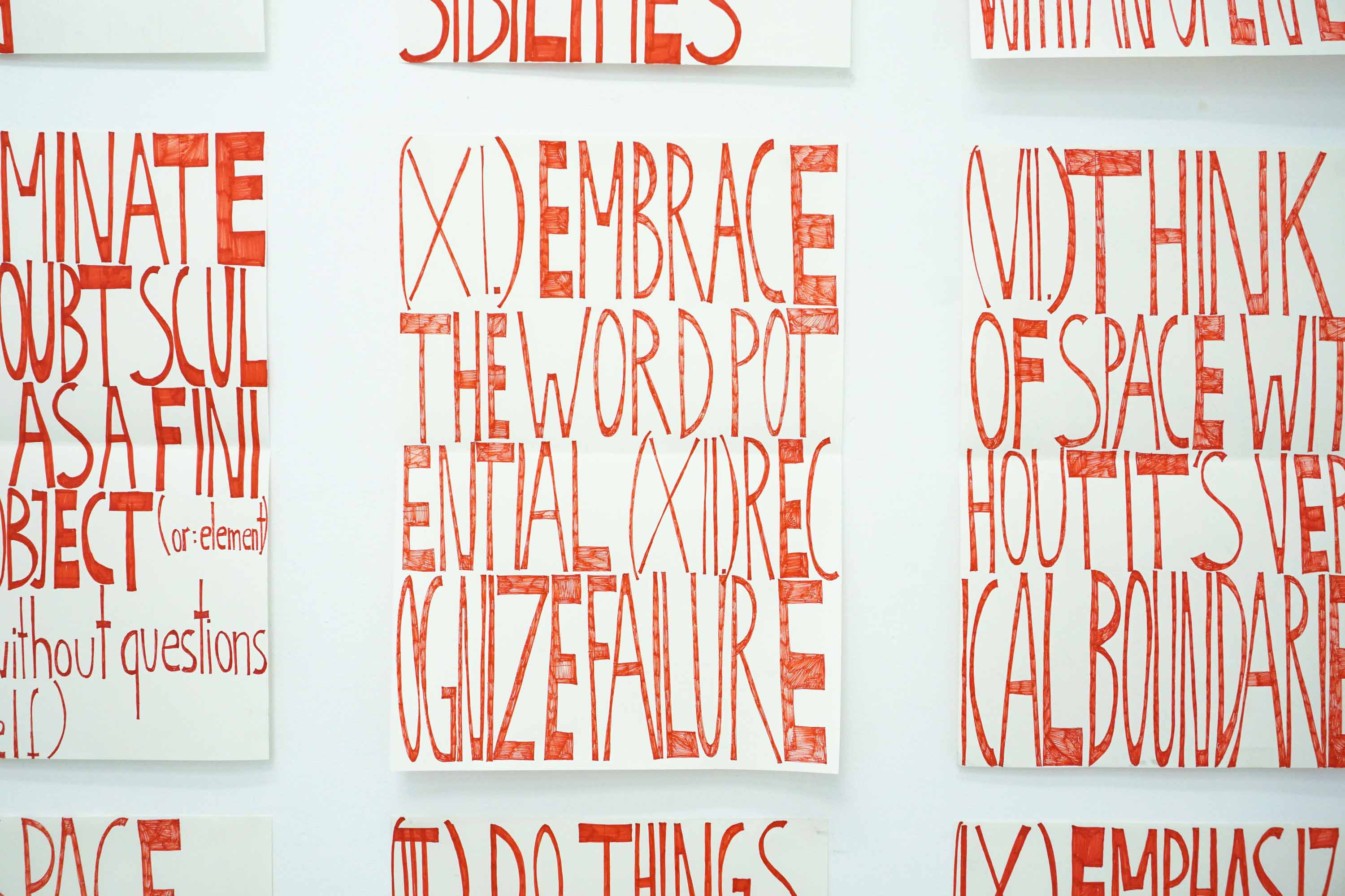 RULES FOR PROGRESSION (reminder to myself), nr. IV, I, V, II, XI, VII, VI, III, IX nine sentences, unordered, 42x59 cm each, pen on paper