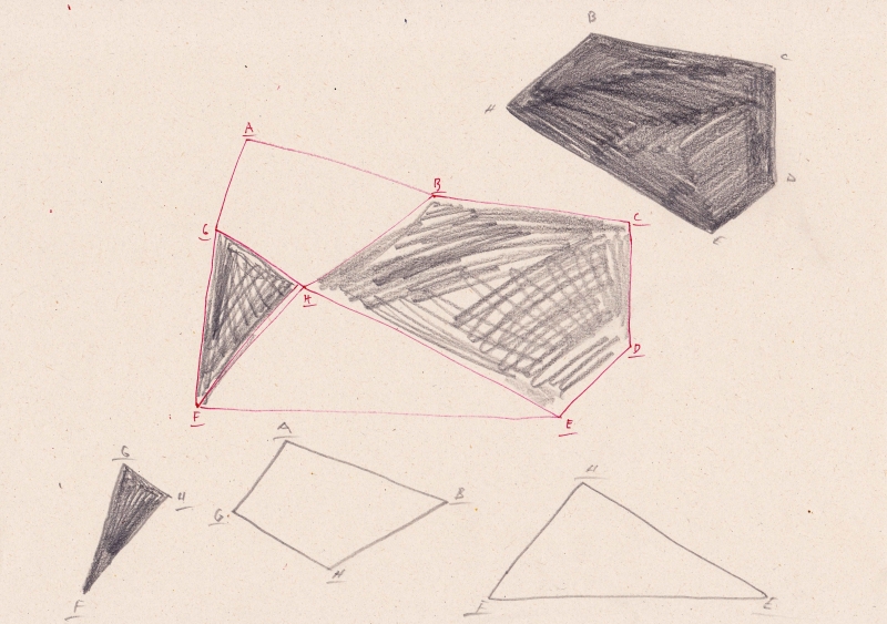 - various drawings, notes and diagrams (on movement possibilities, horizontality, field analysis, vocabulary and progression) ; ballpoint pen, pencil, fotocopies on paper, each 21x29,7cm, 2021
