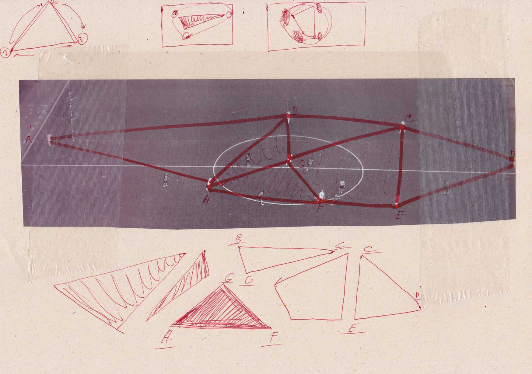 - various drawings, notes and diagrams (on movement possibilities, horizontality, field analysis, vocabulary and progression) ; ballpoint pen, pencil, fotocopies on paper, each 21x29,7cm, 2021