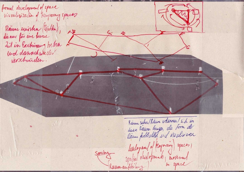 - various drawings, notes and diagrams (on movement possibilities, horizontality, field analysis, vocabulary and progression) ; ballpoint pen, pencil, fotocopies on paper, each 21x29,7cm, 2021