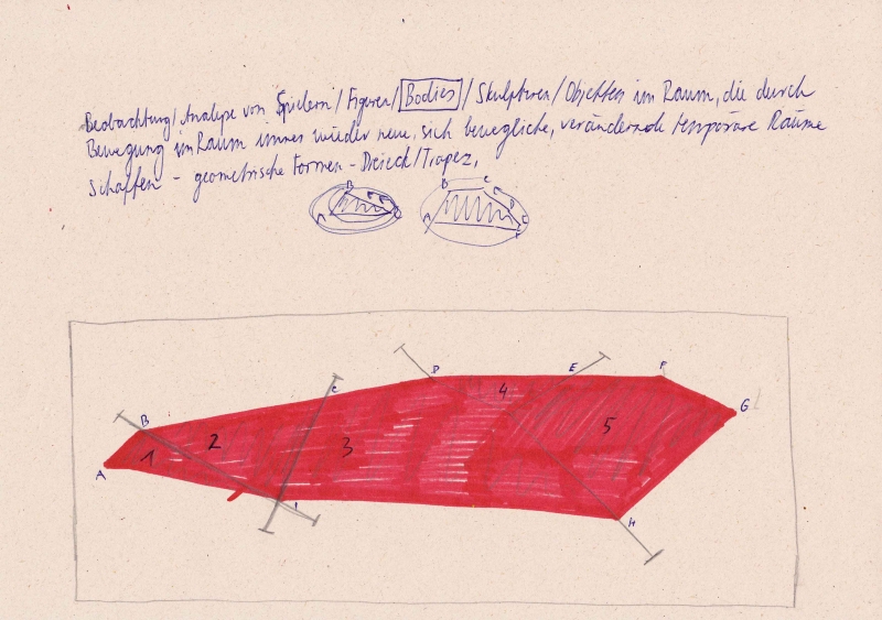 - various drawings, notes and diagrams (on movement possibilities, horizontality, field analysis, vocabulary and progression) ; ballpoint pen, pencil, fotocopies on paper, each 21x29,7cm, 2021