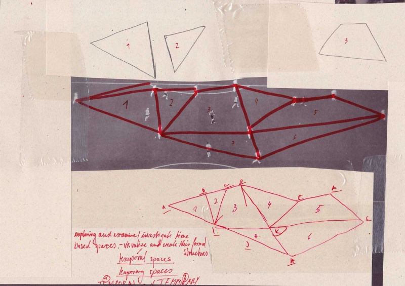 - various drawings, notes and diagrams (on movement possibilities, horizontality, field analysis, vocabulary and progression) ; ballpoint pen, pencil, fotocopies on paper, each 21x29,7cm, 2021