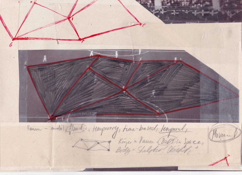 - various drawings, notes and diagrams (on movement possibilities, horizontality, field analysis, vocabulary and progression) ; ballpoint pen, pencil, fotocopies on paper, each 21x29,7cm, 2021