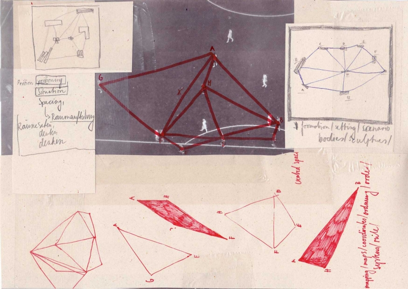 - various drawings, notes and diagrams (on movement possibilities, horizontality, field analysis, vocabulary and progression) ; ballpoint pen, pencil, fotocopies on paper, each 21x29,7cm, 2021