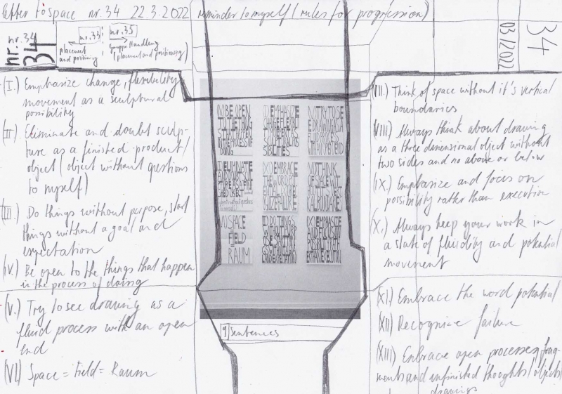 - letters to space (analytic drawings), series of drawings since 2021, all numbered and dated, each 21x29,7cm