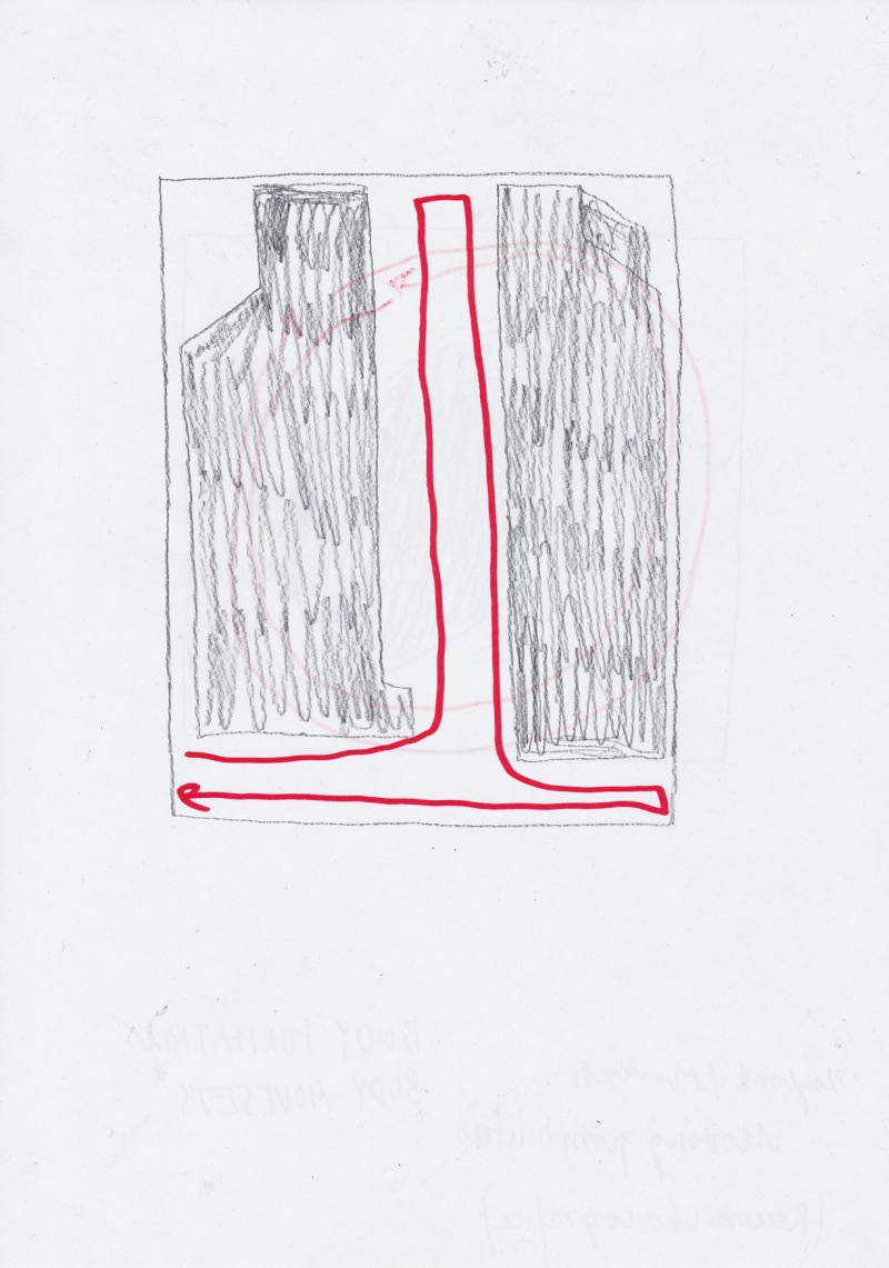   - notations on movement (first moveset, space analysis, movement analysis, space choreography, documents of movement ), pencil, graphite and pen on paper, each 21x29,7cm, 2020