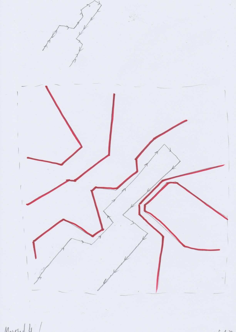   - notations on movement (first moveset, space analysis, movement analysis, space choreography, documents of movement ), pencil, graphite and pen on paper, each 21x29,7cm, 2020
