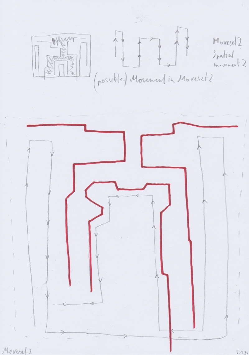   - notations on movement (first moveset, space analysis, movement analysis, space choreography, documents of movement ), pencil, graphite and pen on paper, each 21x29,7cm, 2020