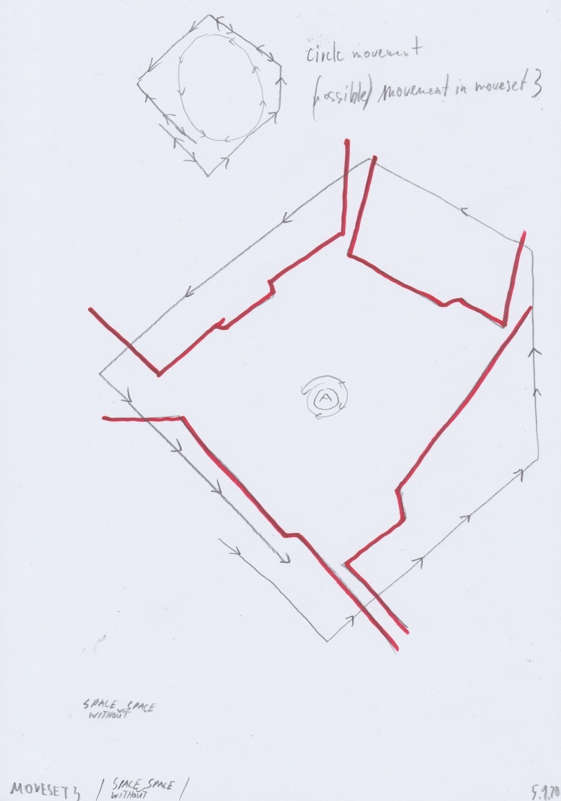   - notations on movement (first moveset, space analysis, movement analysis, space choreography, documents of movement ), pencil, graphite and pen on paper, each 21x29,7cm, 2020