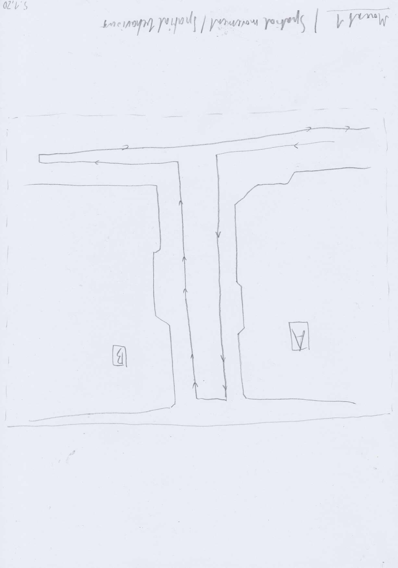   - notations on movement (first moveset, space analysis, movement analysis, space choreography, documents of movement ), pencil, graphite and pen on paper, each 21x29,7cm, 2020