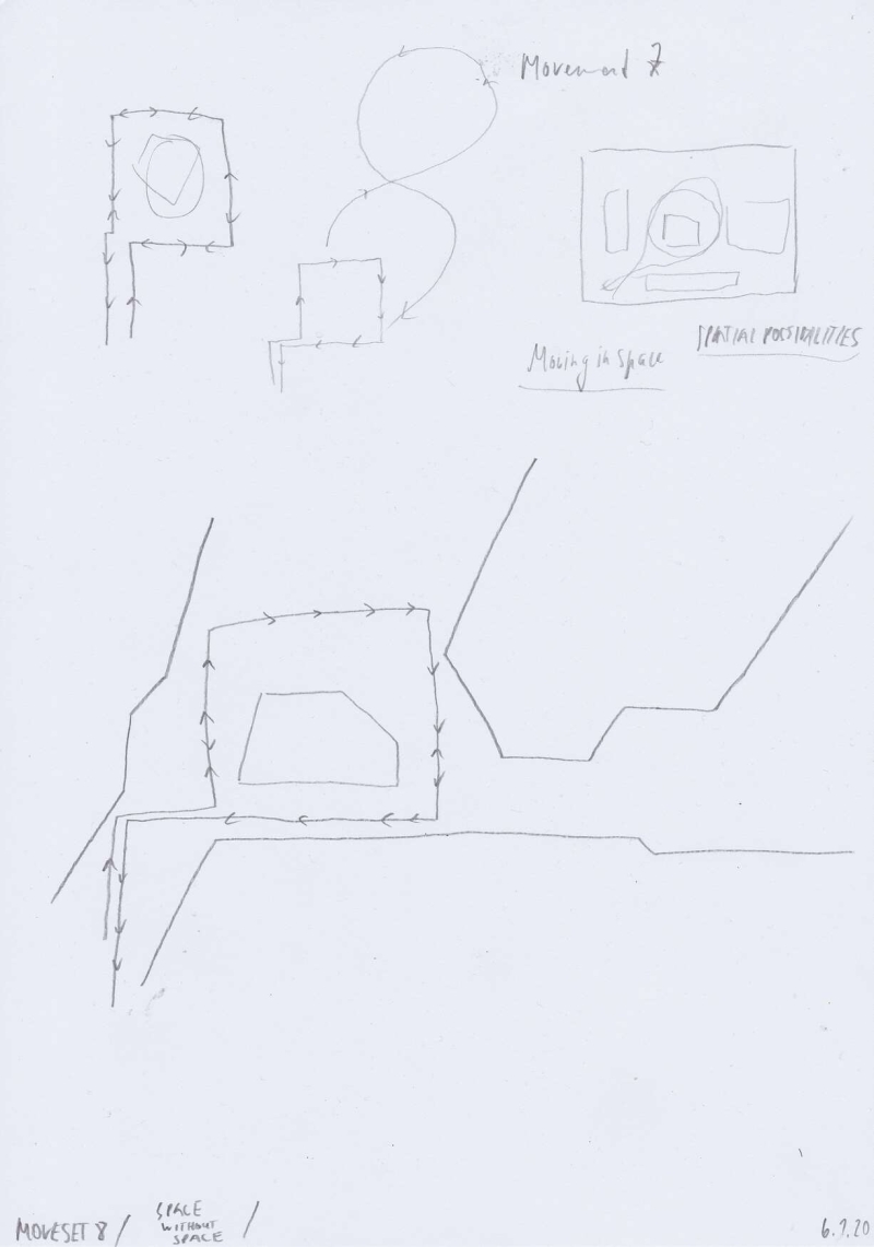   - notations on movement (first moveset, space analysis, movement analysis, space choreography, documents of movement ), pencil, graphite and pen on paper, each 21x29,7cm, 2020
