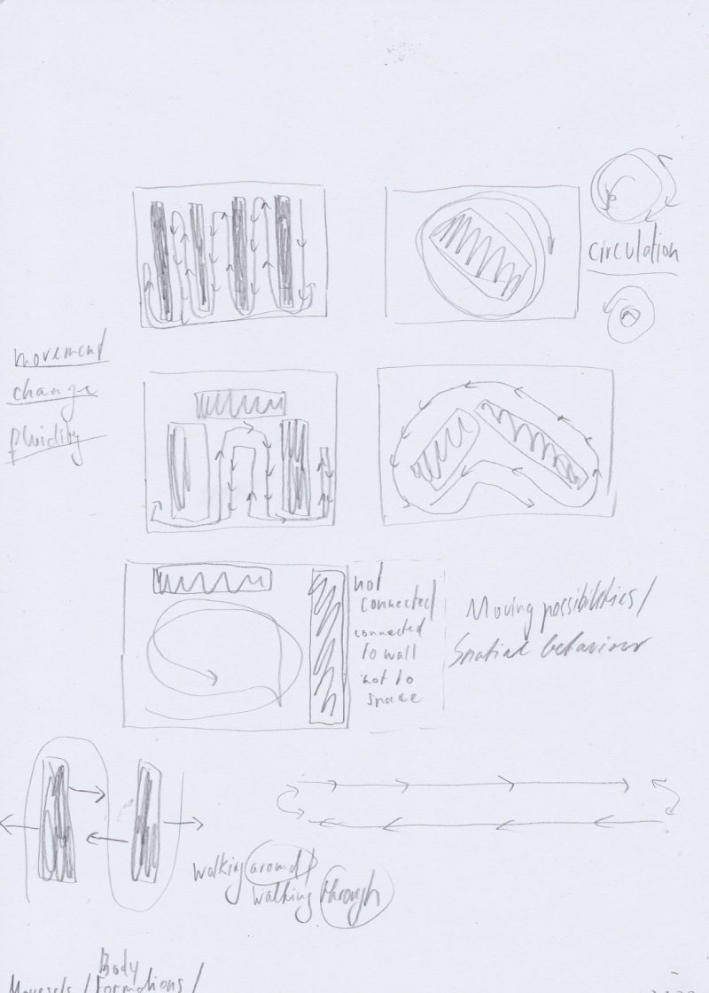   - notations on movement (first moveset, space analysis, movement analysis, space choreography, documents of movement ), pencil, graphite and pen on paper, each 21x29,7cm, 2020