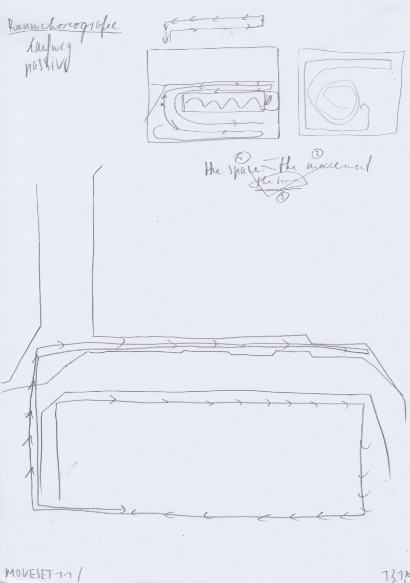   - notations on movement (first moveset, space analysis, movement analysis, space choreography, documents of movement ), pencil, graphite and pen on paper, each 21x29,7cm, 2020
