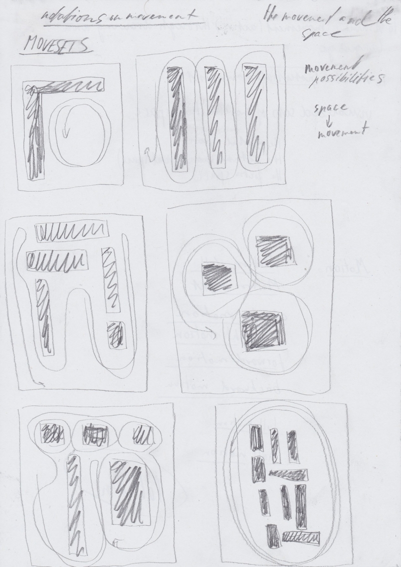   - notations on movement (first moveset, space analysis, movement analysis, space choreography, documents of movement ), pencil, graphite and pen on paper, each 21x29,7cm, 2020