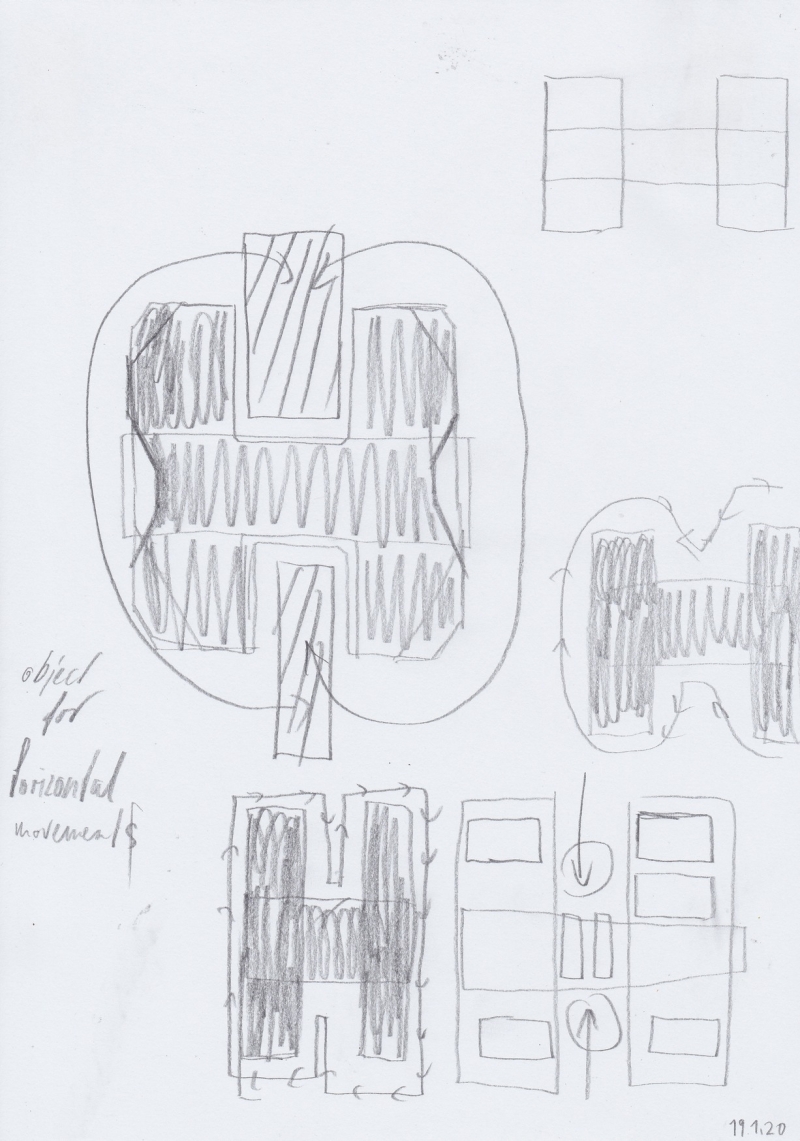   - notations on movement (first moveset, space analysis, movement analysis, space choreography, documents of movement ), pencil, graphite and pen on paper, each 21x29,7cm, 2020