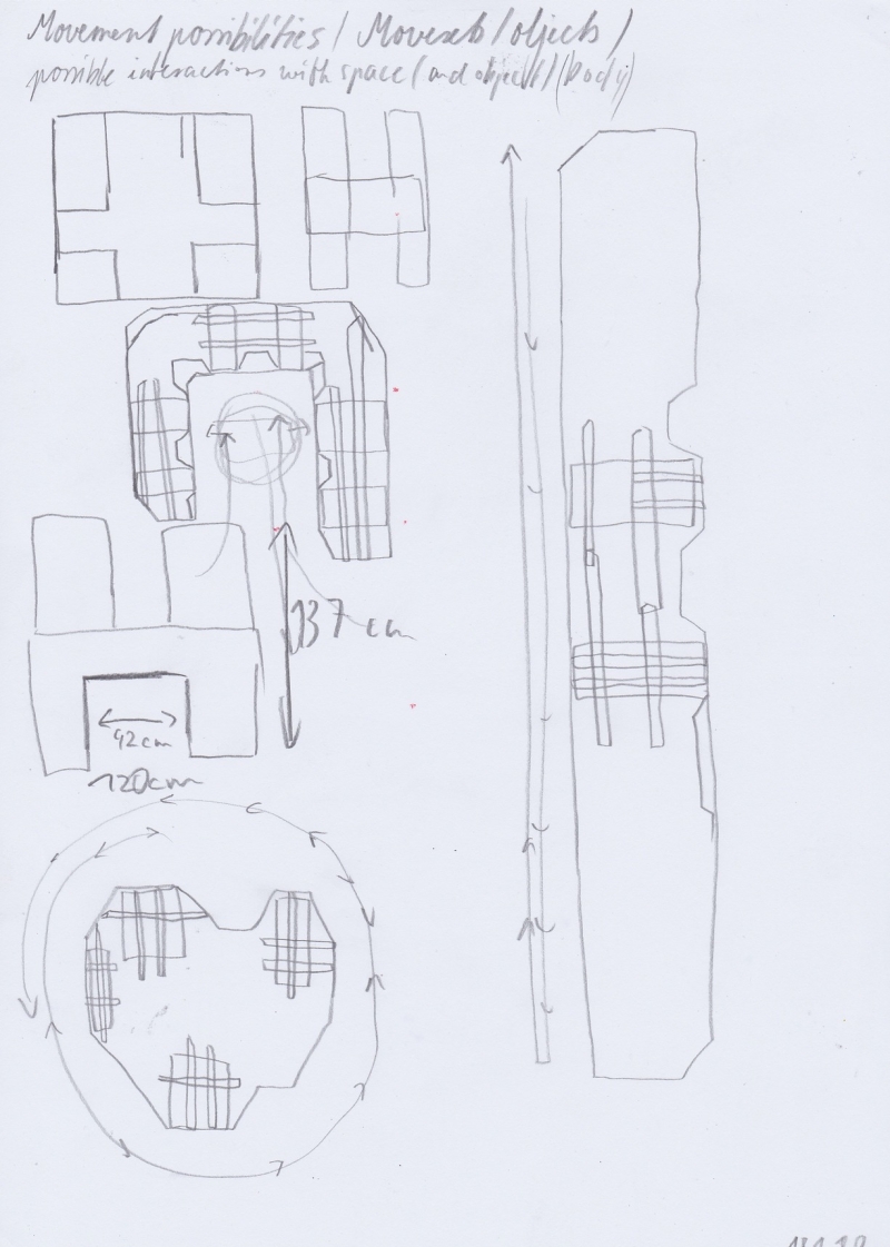   - notations on movement (first moveset, space analysis, movement analysis, space choreography, documents of movement ), pencil, graphite and pen on paper, each 21x29,7cm, 2020