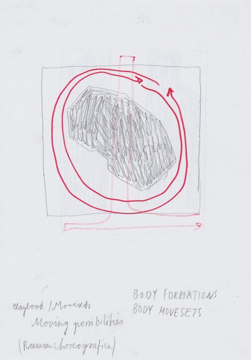   - notations on movement (first moveset, space analysis, movement analysis, space choreography, documents of movement ), pencil, graphite and pen on paper, each 21x29,7cm, 2020