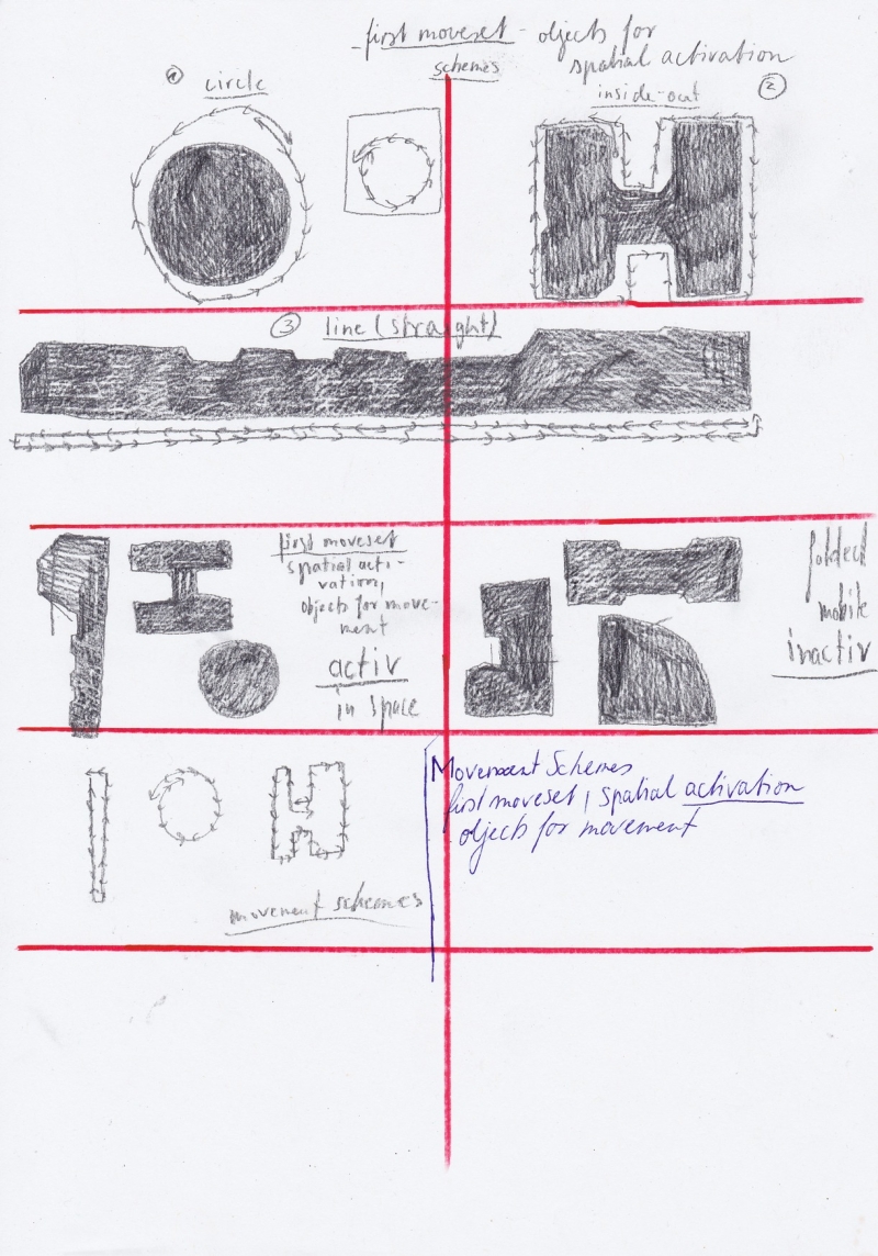   - notations on movement (first moveset, space analysis, movement analysis, space choreography, documents of movement ), pencil, graphite and pen on paper, each 21x29,7cm, 2020