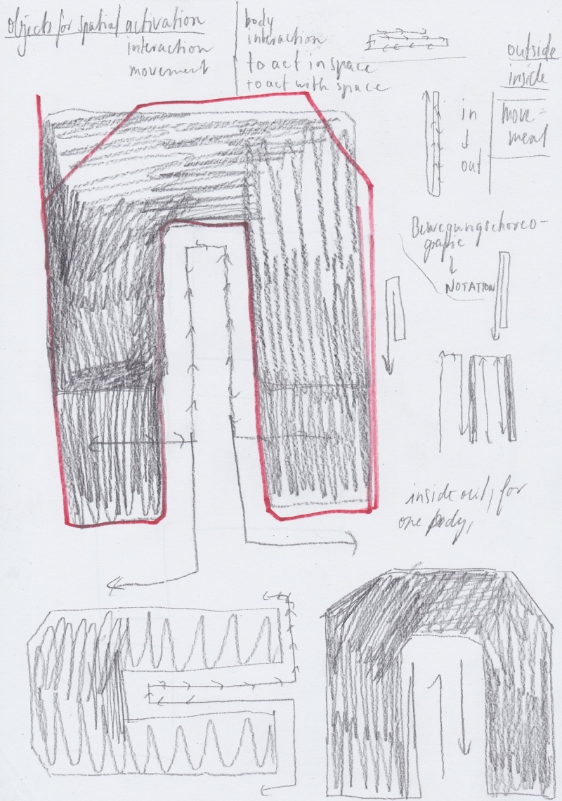   - notations on movement (first moveset, space analysis, movement analysis, space choreography, documents of movement ), pencil, graphite and pen on paper, each 21x29,7cm, 2020