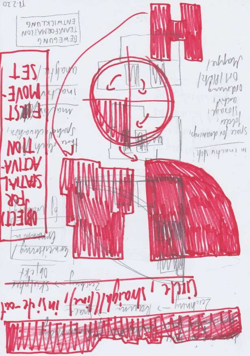   - notations on movement (first moveset, space analysis, movement analysis, space choreography, documents of movement ), pencil, graphite and pen on paper, each 21x29,7cm, 2020