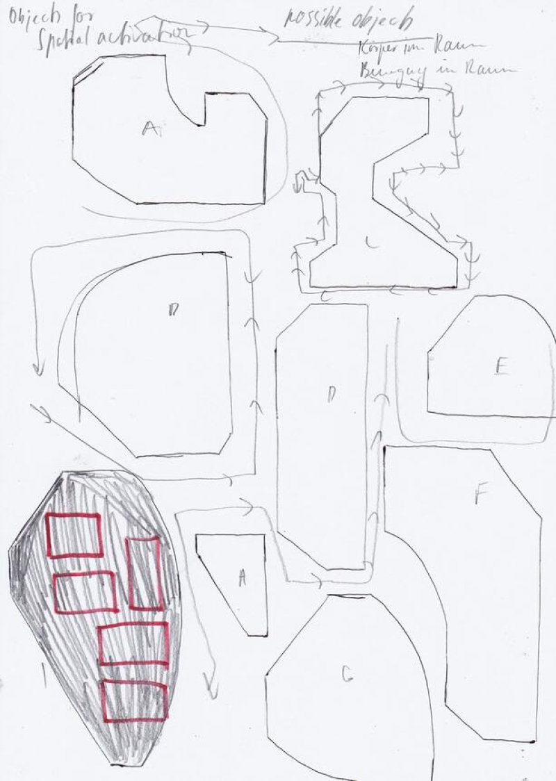   - notations on movement (first moveset, space analysis, movement analysis, space choreography, documents of movement ), pencil, graphite and pen on paper, each 21x29,7cm, 2020