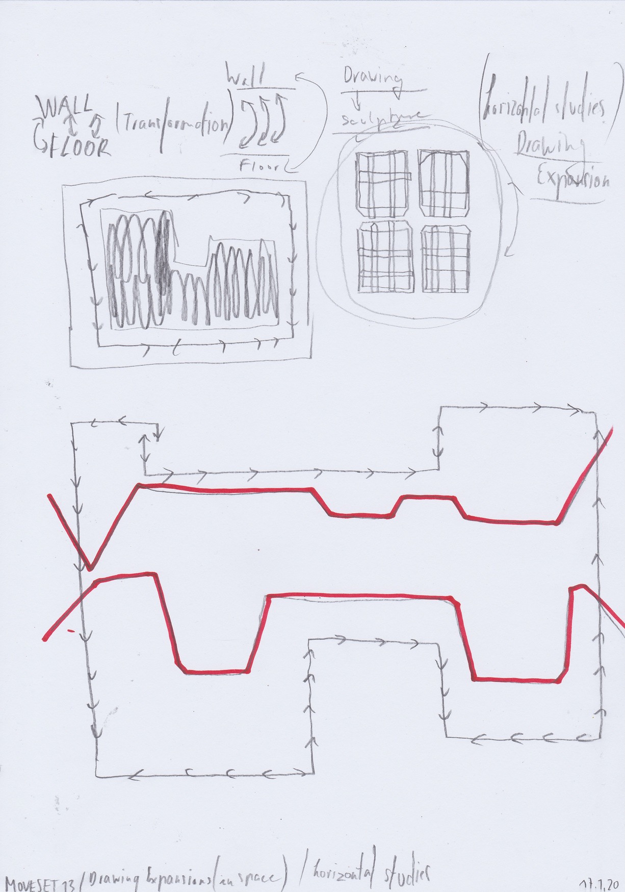   - notations on movement (first moveset, space analysis, movement analysis, space choreography, documents of movement ), pencil, graphite and pen on paper, each 21x29,7cm, 2020