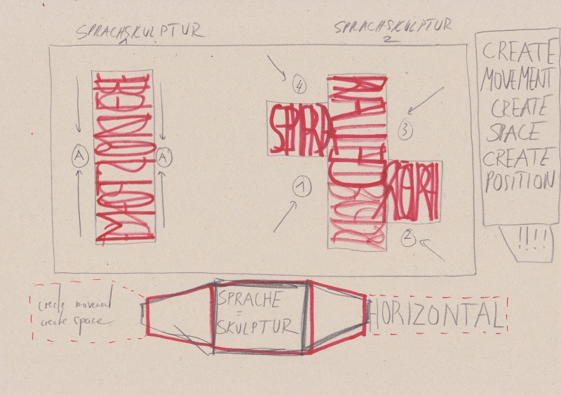 - various drawings, notes and diagrams (on movement possibilities, horizontality, field analysis, vocabulary and progression) ; ballpoint pen, pencil, fotocopies on paper, each 21x29,7cm, 2021