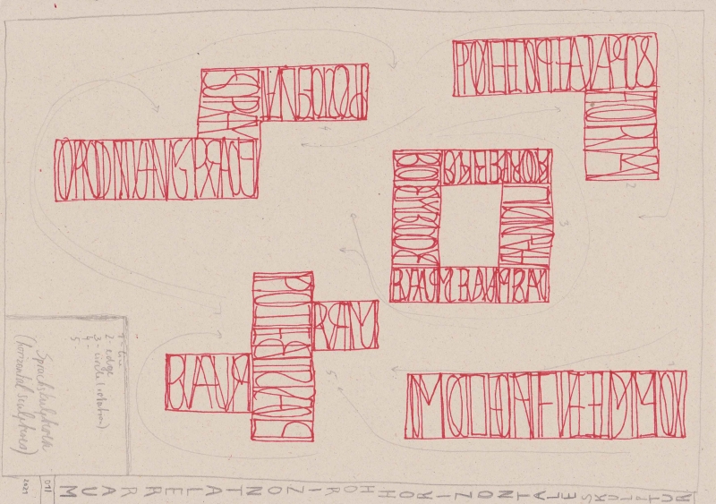 - various drawings, notes and diagrams (on movement possibilities, horizontality, field analysis, vocabulary and progression) ; ballpoint pen, pencil, fotocopies on paper, each 21x29,7cm, 2021